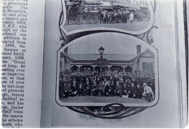 black and white photo of Travellers' Rest Hotel, Whitehorse Road, Blackburn.  Appears to have been photographed from a book.  Large group of men outside hotel.