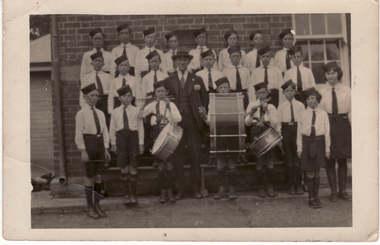 Black and white postcard of unknown school band in 1930