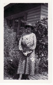 Black and white photo of Mrs. Ethel; Brocklesby at 'Wildwood' Bakers Road, Blackburn