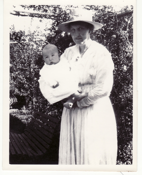 Black and white photo of Mrs. Ethel Brocklesby and son, Mark. 
