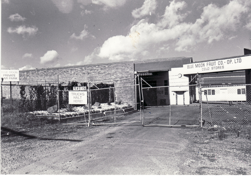Black and white photo of entrance to Blue Moon Fruit Co-Op
