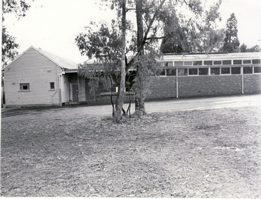 Black and white photo of Blackburn Scout Hall. On left is Joe Swads Hall.