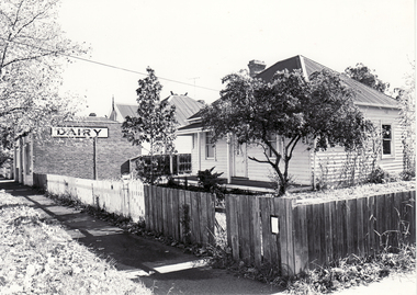 Black & white photos (two) of early Blackburn home next to Watts Dairy, on the cnr of Albert Street and Railway Road. Demolished in 1977 and now the site of a carpark.