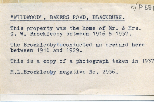 Black & white photo of 'Wildwood', Bakers Road Blackburn, home of Mr and Mrs G. W. Brocklesby between 1916 and 1937. 