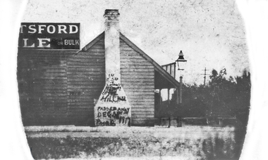  Hill Hotel, cnr. Station Street and Whitehorse Road, Mitcham. Graffiti on chimney 'In Memory of the Hill Hotel. Passed away Dec 31st 1917