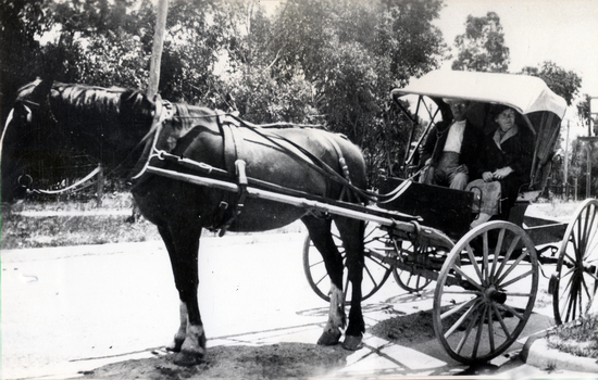 Mr and Mrs Aldridge going shopping  in Blackburn in 1925. Horse and four wheel cart/spring cart with front seat and hood.