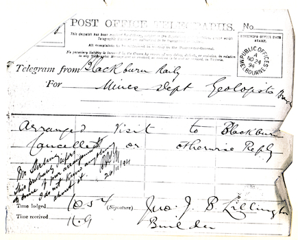 Black & white photo of telegram. from Blackburn PO. 