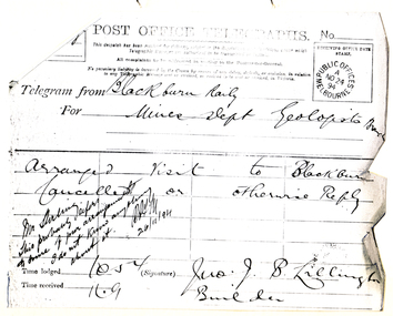 Black & white photo of telegram. from Blackburn PO. 
