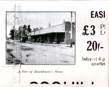 Black & white photo of poster showing 'a Few of Blackburn Shops'