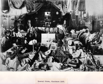 Black & white photo of  the interior of the General Store, 93-97 