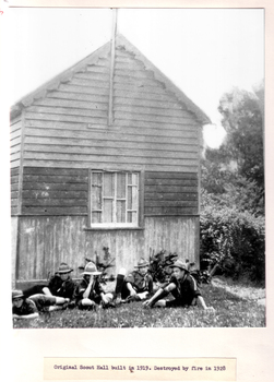 Black & white photo of the original Blackburn Scout Hall.  Built in 1919, destroyed by fire 1928