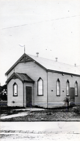 Black & white photo of United Free Methodist Church built in 1888 in Chapel Street.  Re-sited in 1902 to cnr. Whitehorse Road and Melvin Street, Ringwood.