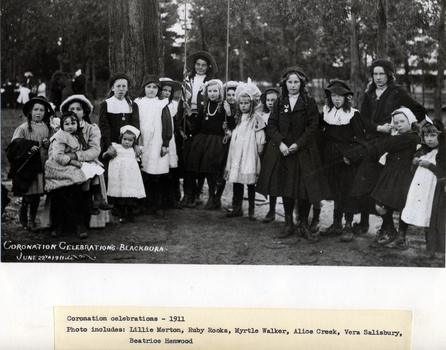 Black and white photo of Children at Coronation Celebrations, on 29 June 1911 in Blackburn. 