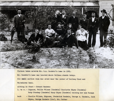 Black and white photo of Group Outside Mr. G.A. Goodwin's Home in 1911. Mr. Goodwin's home was located in Whitehorse Road, Blackburn,