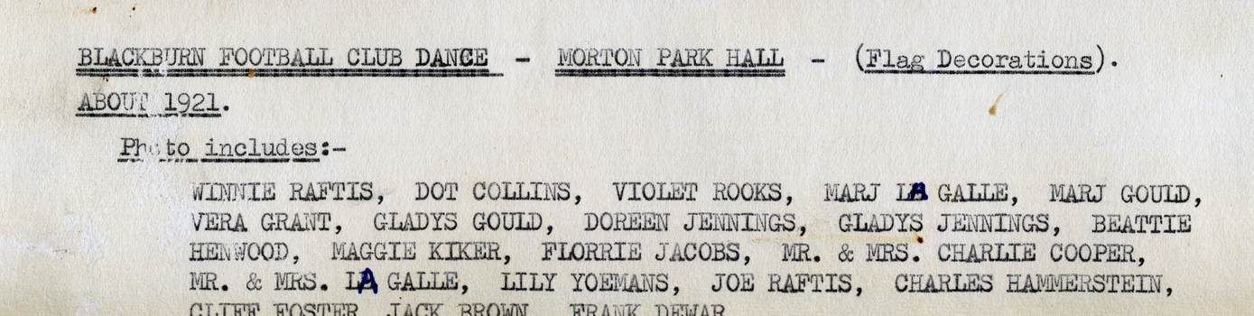 Black and white photo of Blackburn Football Club dance in 1921 at Morton Park Hall.