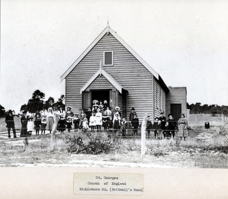 Black and white photo of group outside St. Georges Anglican Church Middleborough Road, Blackburn