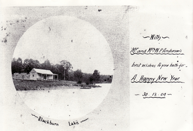 Black and white photo of house at Blackburn Lake
