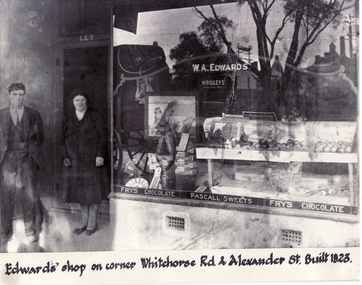 Black and white photo of Edwards Shop on cnr  Whitehorse Road and Alexander Street, Mitcham. Built 1923.