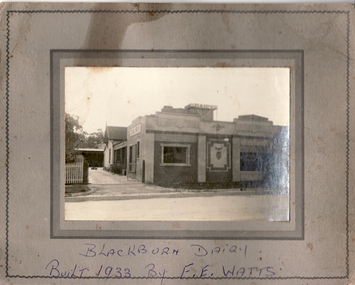 Black and white photo of Blackburn Dairy at 49 Railway Road Blackburn. Built 1933 by Mr F.E.Watts