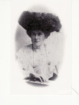 Black and white photo of Mrs Jessie Watts (aged 21) nee Kirkwood 1904 - 1972.  She came to Blackburn in 1929 and ran Watt's Dairy.