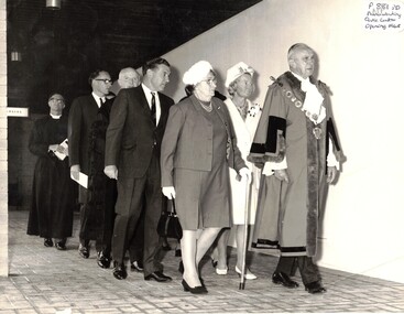 Black and white photo of dignitaries at opening of Nunawading Civic Centre