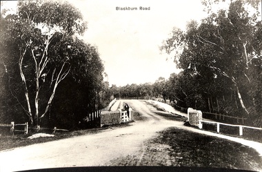 Black and white photo of Blackburn Road showing bridge.  2 copies