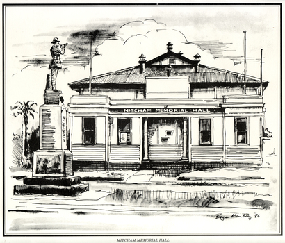 Black and white photo of Sketch of Mitcham Memorial Hall.