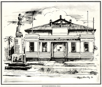 Photograph, Sketch of Mitcham Memorial Hall, 1986