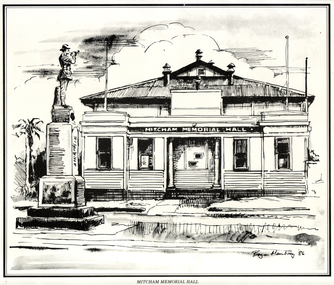Black and white photo of Sketch of Mitcham Memorial Hall.