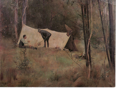 Coloured Postcard of Tom Roberts painting 'The Artists'  Camp'.