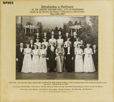 Framed photo of Debutantes and Partners at 7th Mayoral Ball, City of Nunawading, given by Mayor and Mayoress, Cr. and Mrs F.E. Paice 18/6/1952. 