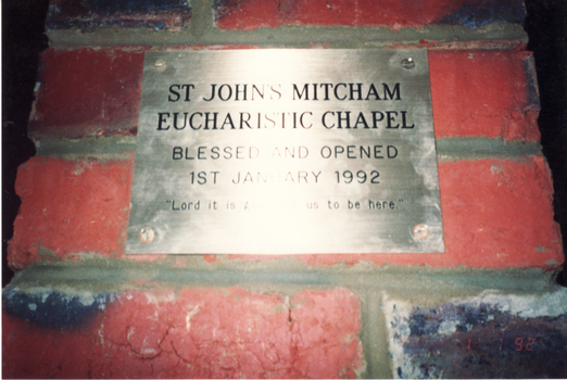 Coloured photo of St.John's Catholic Church, Mitcham, Eucharistic Chapel Plaque.