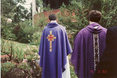 Photograph, Fr. Kevin Dillon and Fr. Keith at Memorial Plaque at St. John's Catholic Church, Mitcham, 15/03/1992 12:00:00 AM