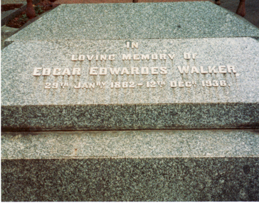Black and white photo of E.E. Walker Tombstone in Box Hill Cemetery.