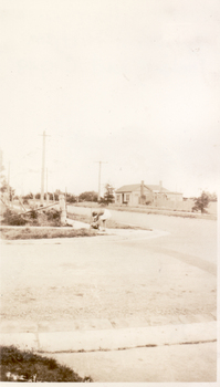 Black and white photo of Corner of Harrison and Thomas Streets, Mitcham. Looking West. (Photograph taken from front of Kohlman house).