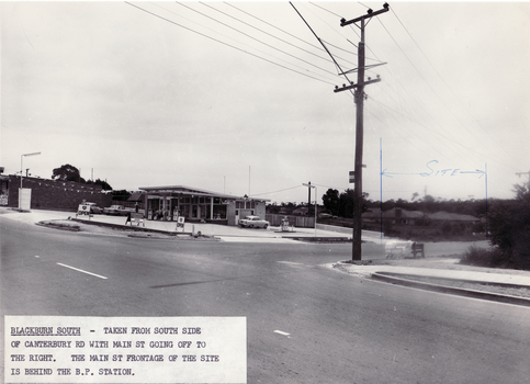 Black and white photo taken from South side of Canterbury Road with Main Street going off to the right.   Blackburn South.