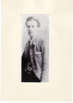 This  is NOT a black and white photo of August Schwerkolt but an actor who was in a short film made about Schwerkolt and the cottage.