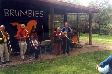 Photograph, Barbara Gardiner with Brumbies Bush Band, 1/10/1995