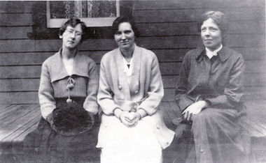 Black and white print of Amy Cook, Amy(friend) & Grace Lee.|Amy was a teacher at Mitcham Primary School as was Grace Lee. Grace's father was in fact a previous Headmaster at the school.