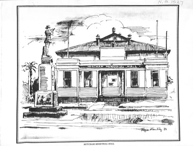 Sketch of Mitcham Memorial Hall and War Memorial.