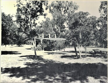 Black and white photo of Picnic Area at Antonio Park, corner Deep Creek Road and Whitehorse Road , Mitcham. 1977.