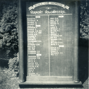 Black and white photo of Roll of Honor for Vermont Volunteers 1918 War.|PLEASE NOTE - The names on the board are divided into years as follows :-|    