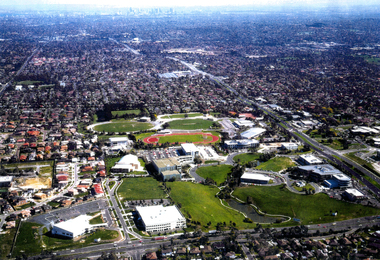 Aerial Photo of Tally Ho Industrial Park. East Burwood Reserve and the Bill Sewart Athletic Track is in centre.