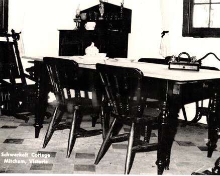 Black and white photo of Kitchen at Schwerkolt Cottage.