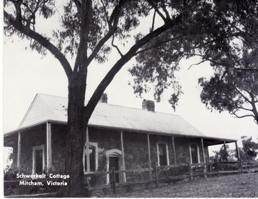 Black and white Postcard of Back view of Schwerkolt Cottage.