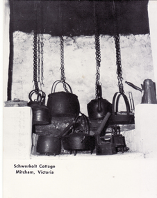  Postcard of Pots hanging in Fireplace at Schwerkolt Cottage.