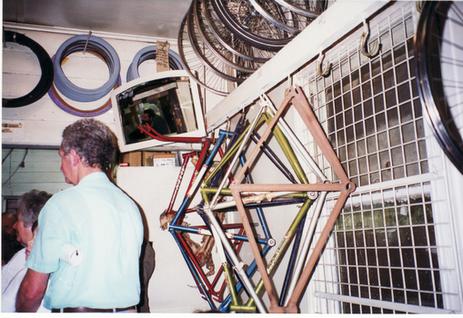 Lime green bicycle frame is a 'Rob's Special' made by George Robinson.