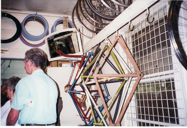Lime green bicycle frame is a 'Rob's Special' made by George Robinson.