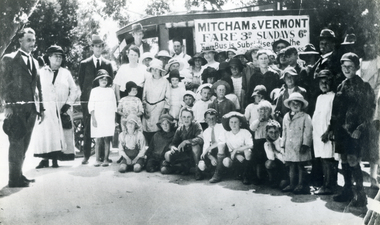 Mitcham to Vermont Bus Service in front of Crowd. 1932-2.