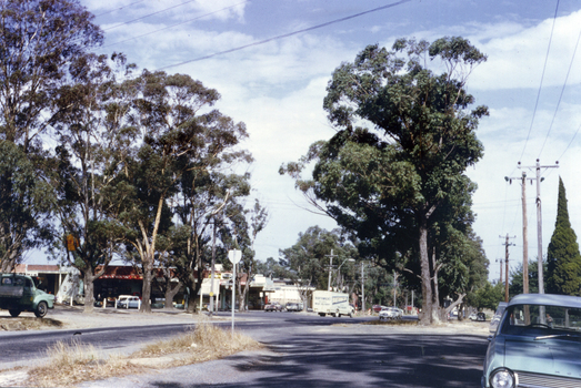 Corner of Canterbury, Mitcham & Boronia Roads, Vermont,  in 1967, looking West from outside Scout Hall and showing Vermont Shops.